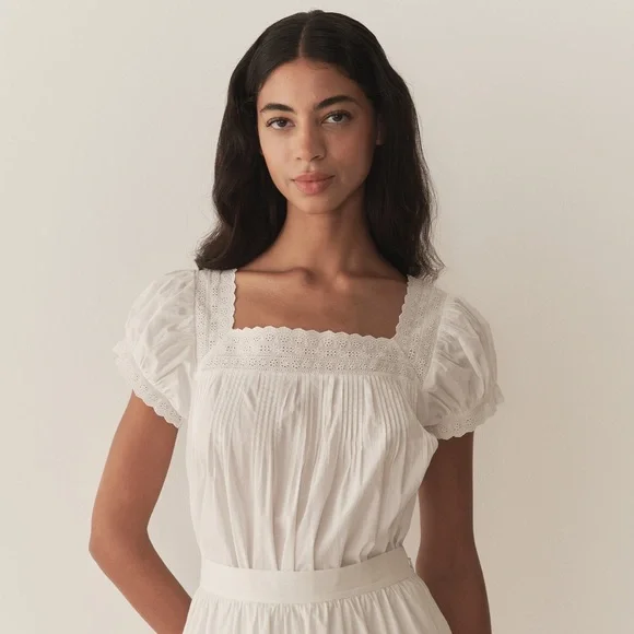 NWT Doen Francia Cotton Poplin Eyelet Pintuck Puff Sleeve Blouse Top Salt White - Picture 2 of 13